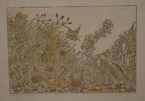 Stampa acquerellata si Erbe alte con airone, coccinelle, chiocciole, farfalle e fiori 1976